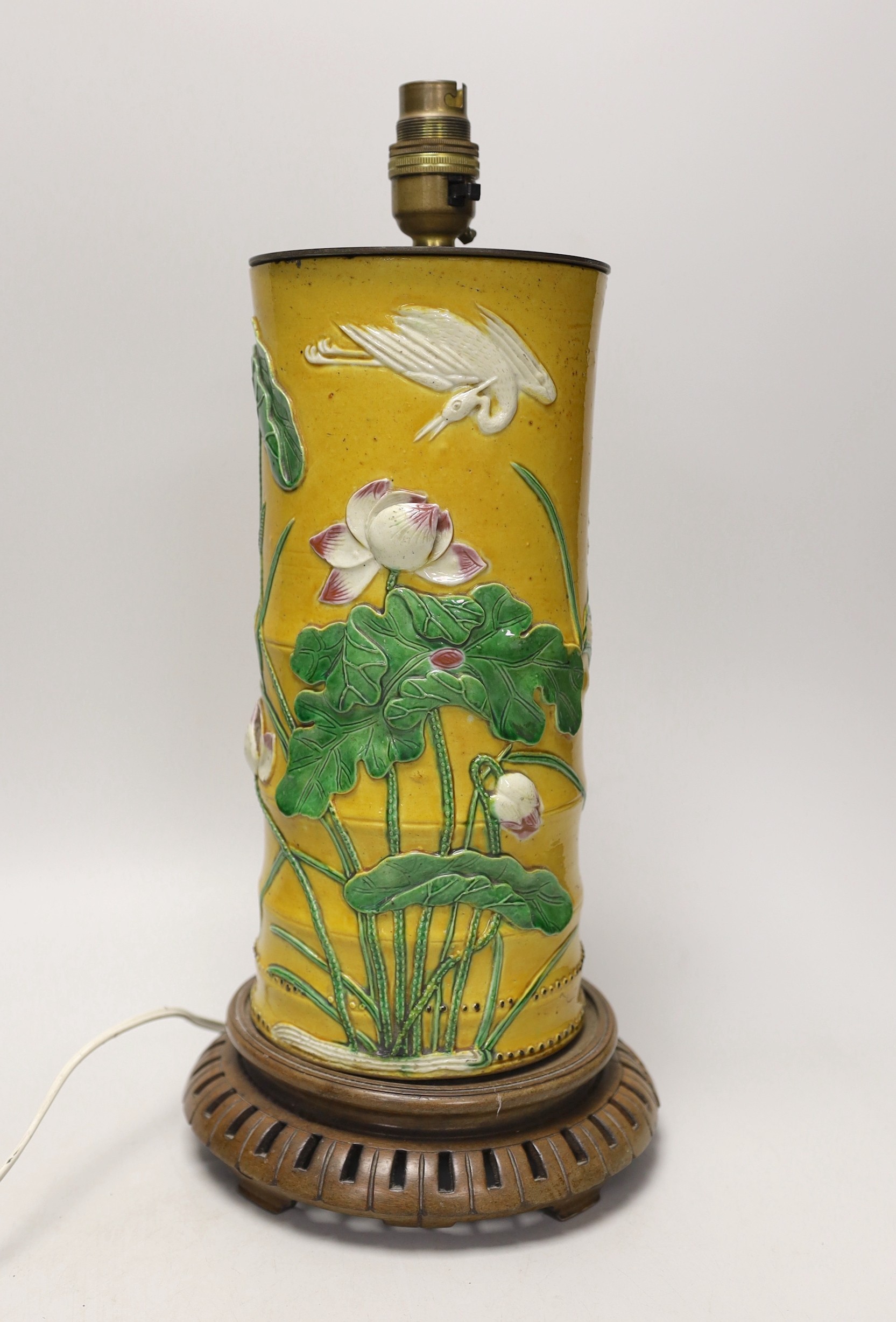 A Chinese polychrome glazed sleeve vase, of Wang Bing Rong type, on stand converted into a lamp. 40cm overall